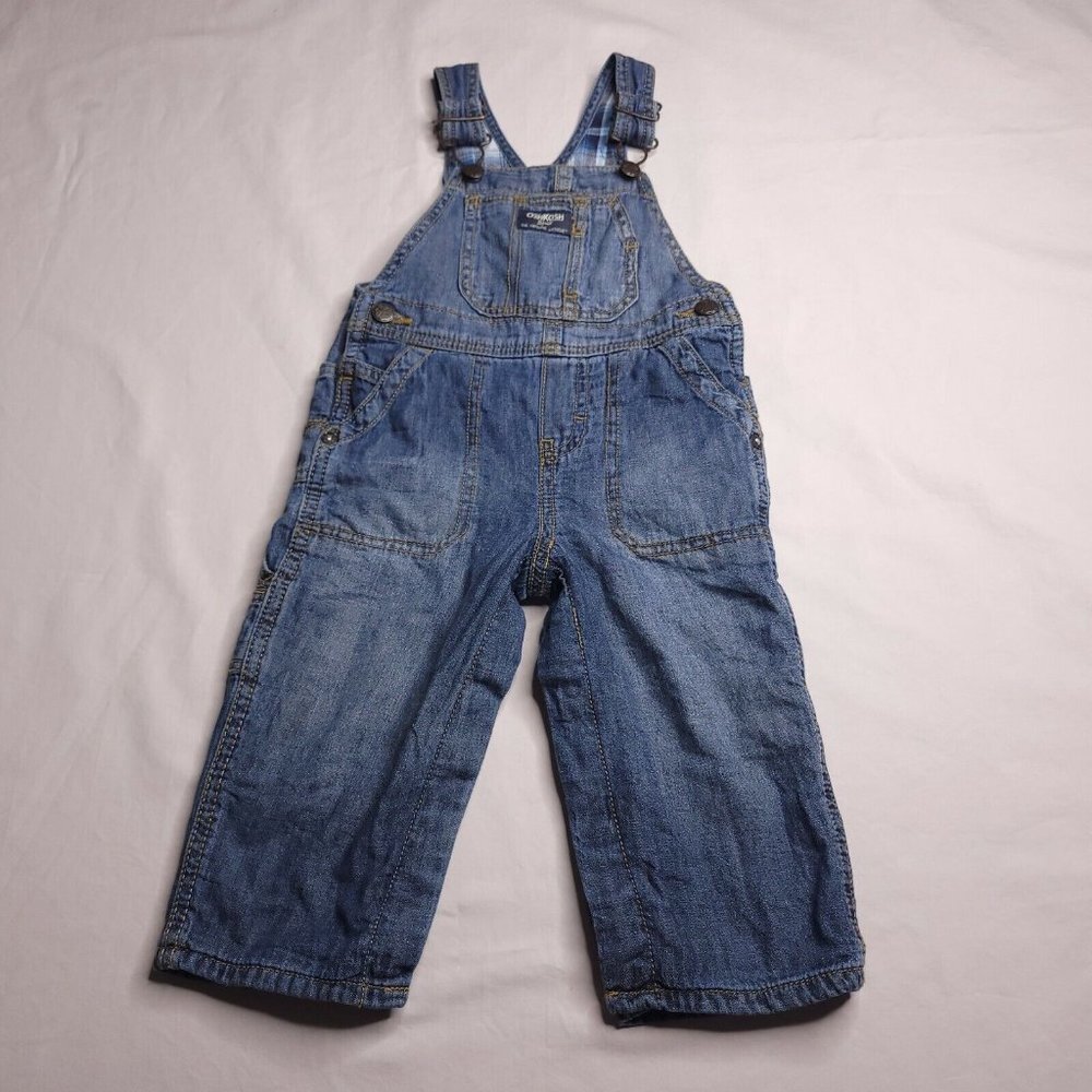Oshkosh Bgosh Denim Bib Overalls Baby Boys Flannel Lined Plaid 18M Vestbak